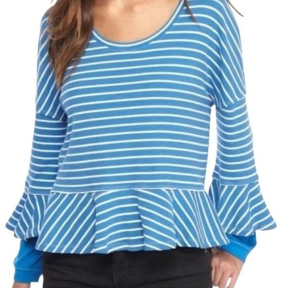 Free People Round About Tee Ocean Combo Striped Ruffle Casual Shirt Top Sweater - Picture 1 of 8